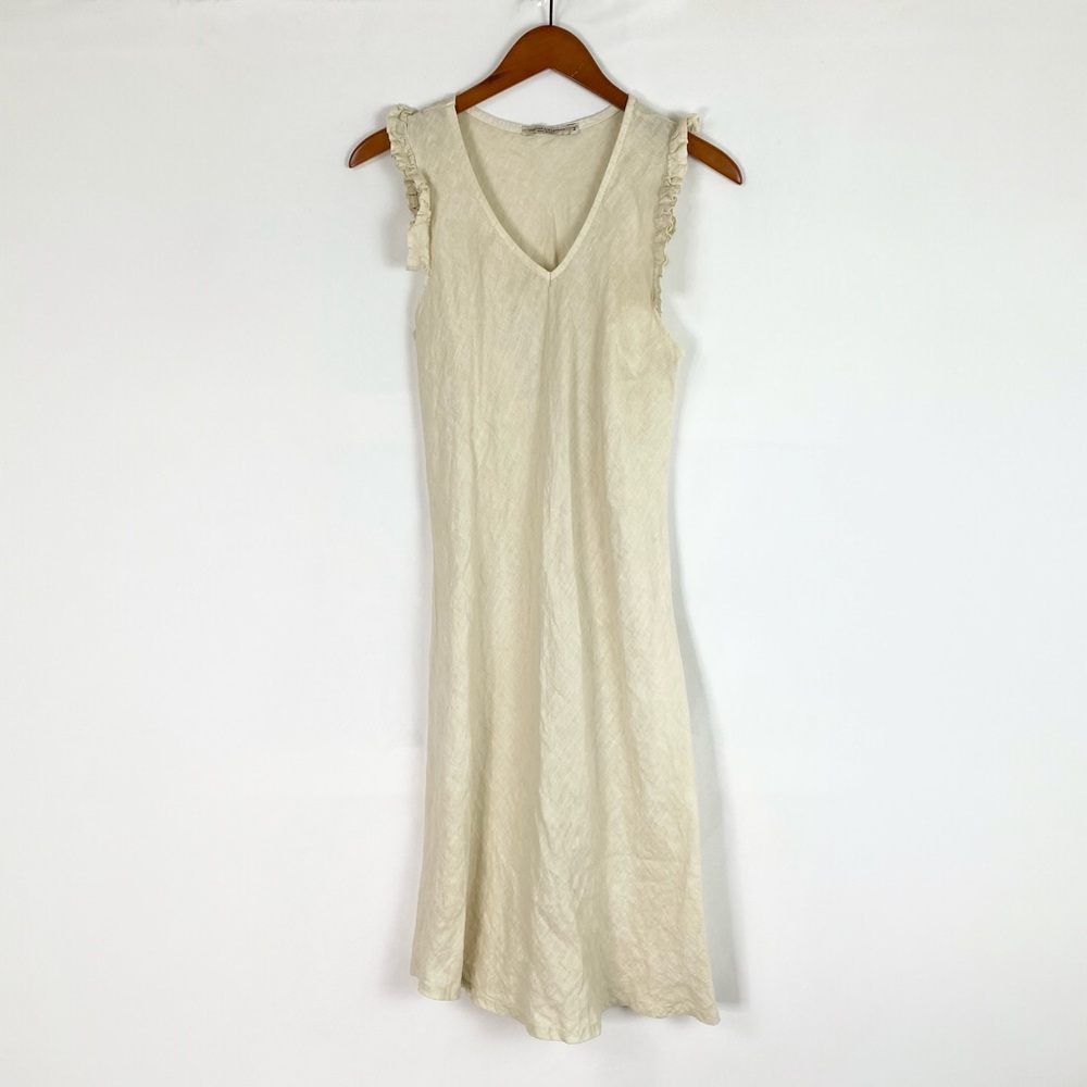 Vanessa Alexandra Beige Ruffle Cap Sleeve‎ Midi Linen Dress Size Medium